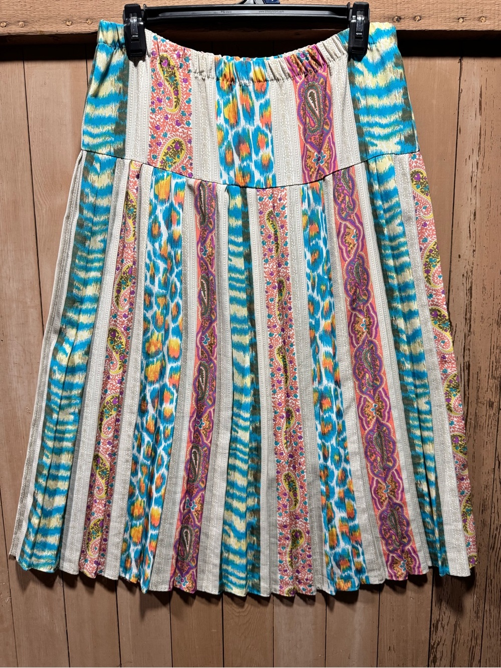 VINTAGE Boho Stripe Pleated Midi Skirt in Teal & Pink